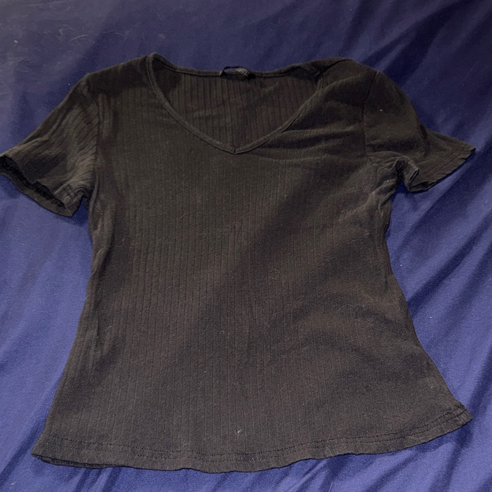 Women's V-Neck Short Sleeve Ribbed Top - Black